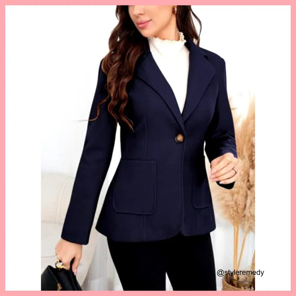 Wool Blend Pea Coat Blazer with Notched Lapel and Pockets